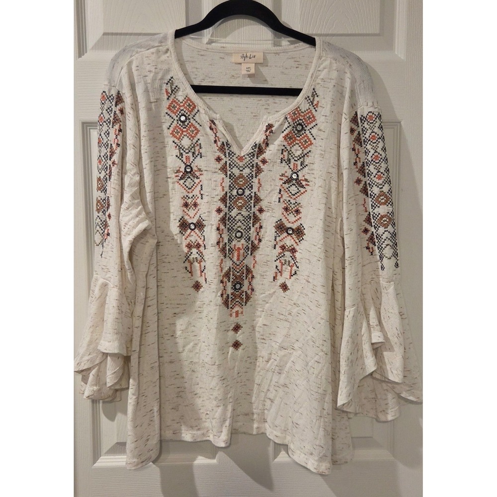 Style & Co XXL Embroidered Boho Western Top Bell Sleeve Ivory Peasant Tunic